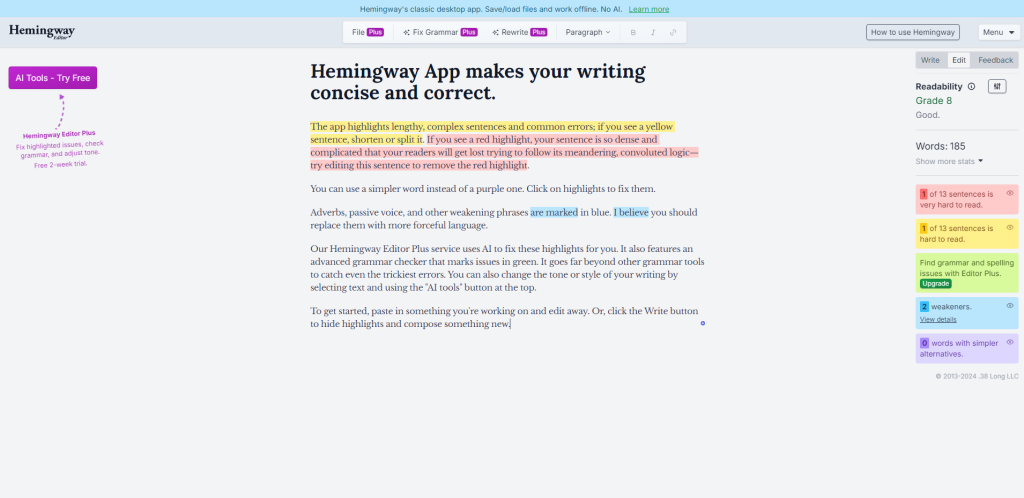 Homepage snippet of Hemingway.