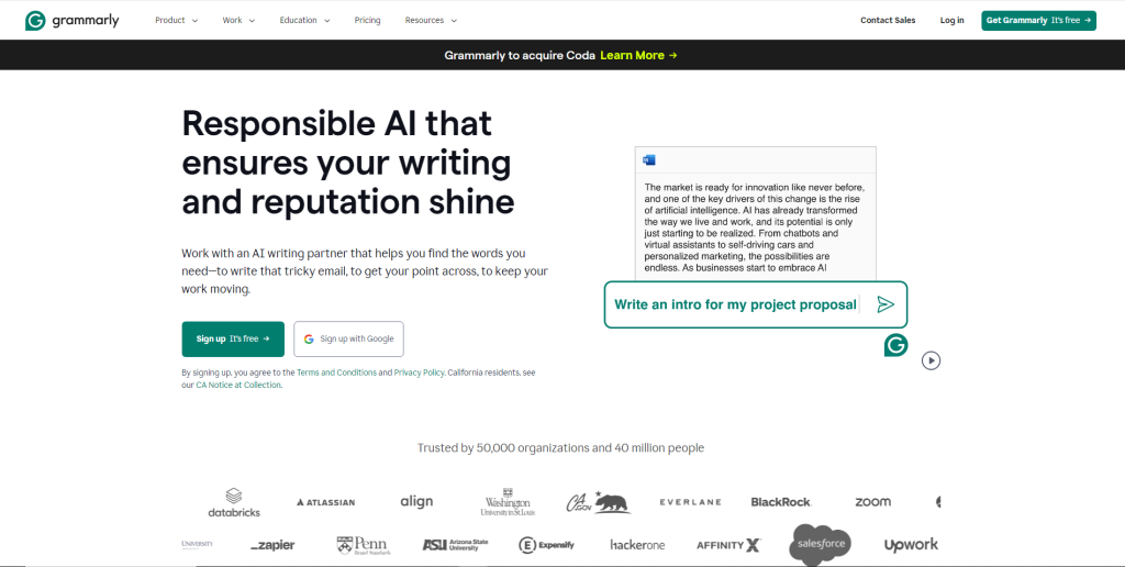 Homepage snippet of Grammarly. 