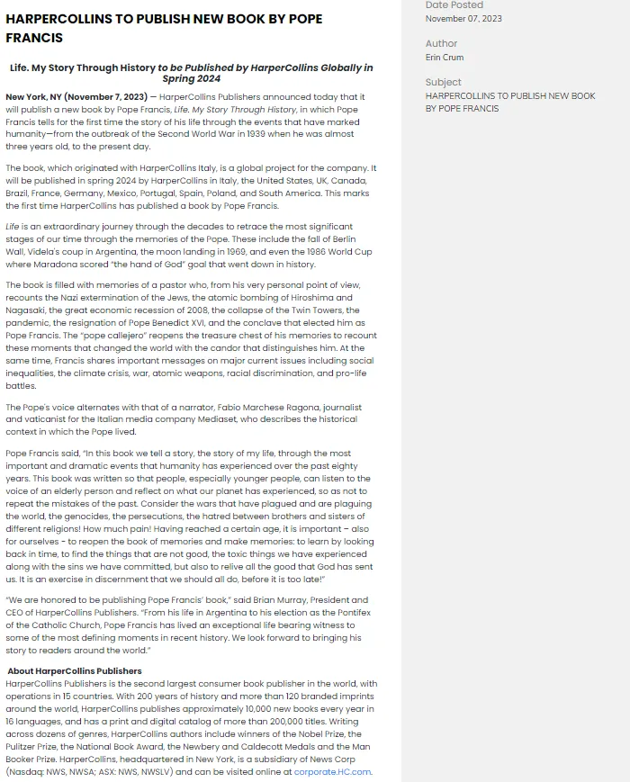 HarperCollins book press release