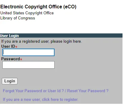 user login of the US electronic copyright 
